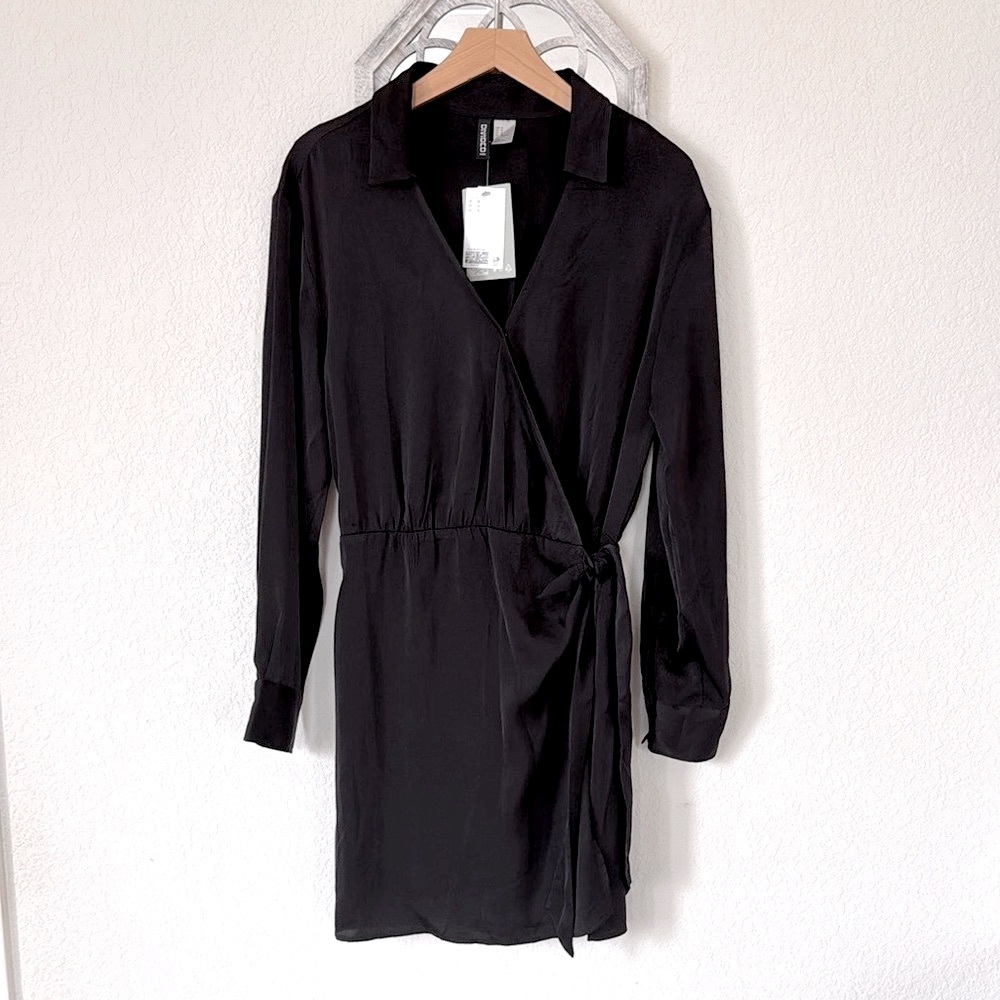 H&M • Black Satin Wrap Shirt Dress Tie Waist Long Sleeve NWT